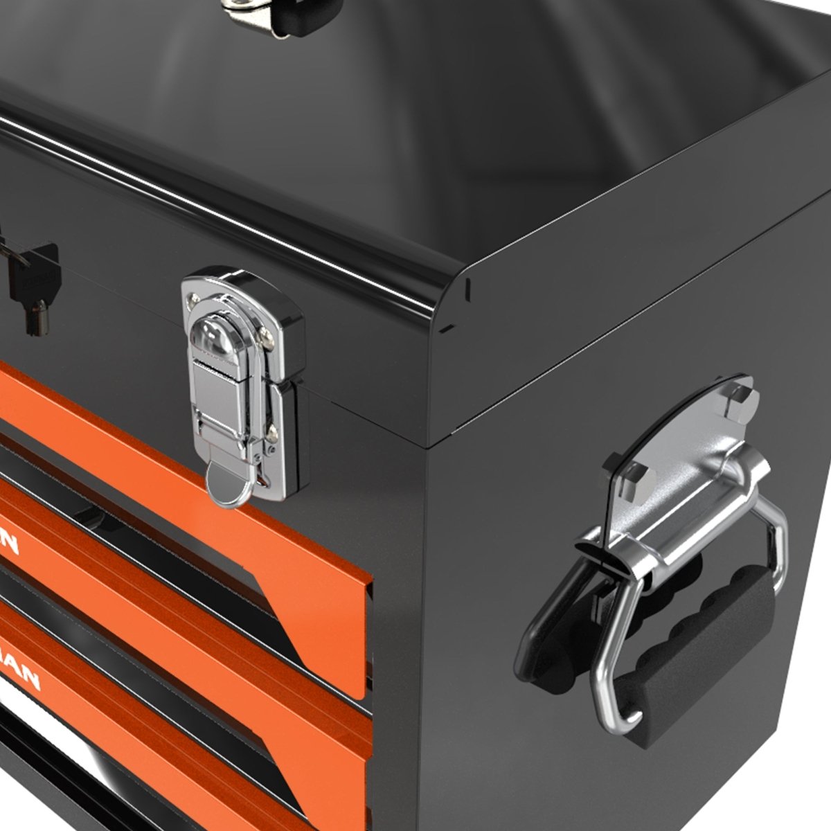 20'' Portable 3 - Drawer Steel Toolbox, 4 Layers of Tools with Metal Latches, with Top Storage Tray and carrying Handle, Multi - Function Tool Storage for Garage, Home, or Workbench ,Black&Orange - HomeDIYer