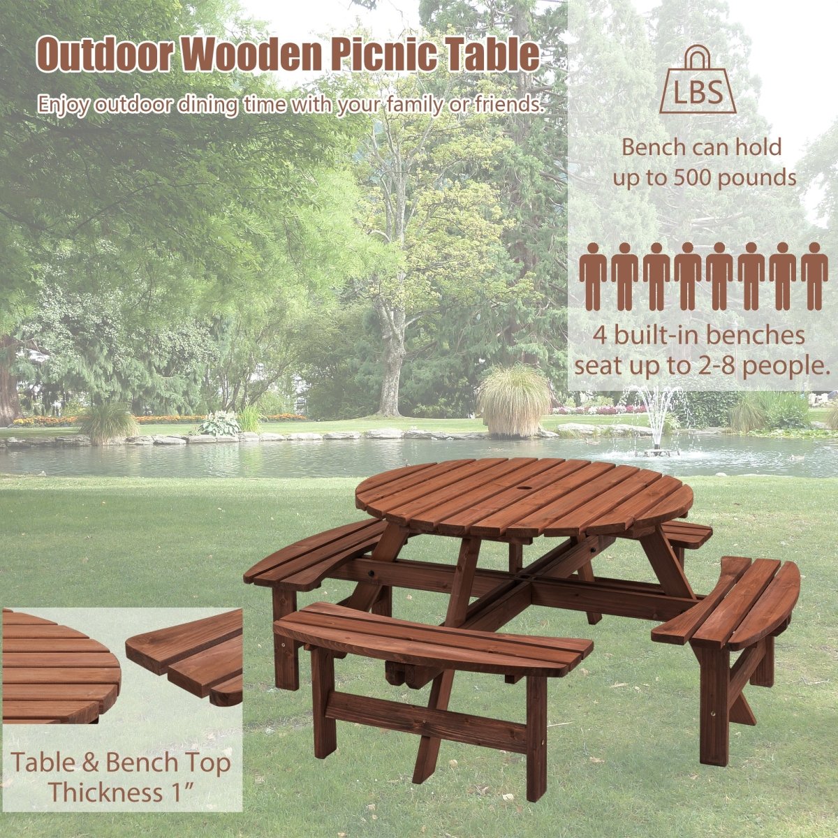 8 Person Wooden Picnic Table, Outdoor Camping Dining Table with Seat, Garden, DIY w/ 4 Built - in Benches, 2220lb Capacity - HomeDIYer