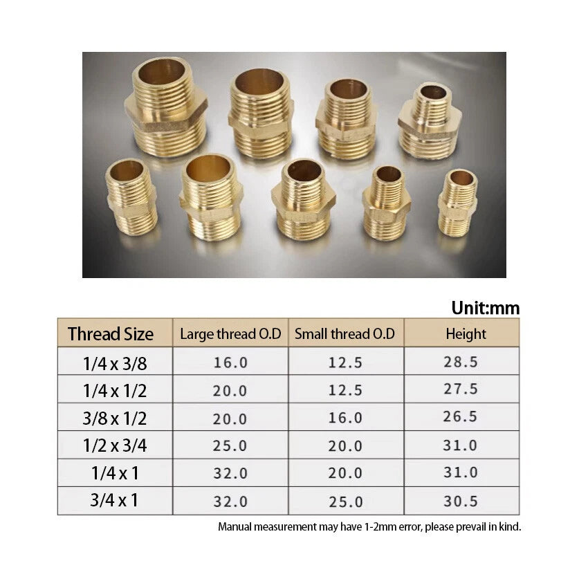 Male to Male Brass Nipple Adapter — Equal & Reducer Sizes 1/8" to 1"