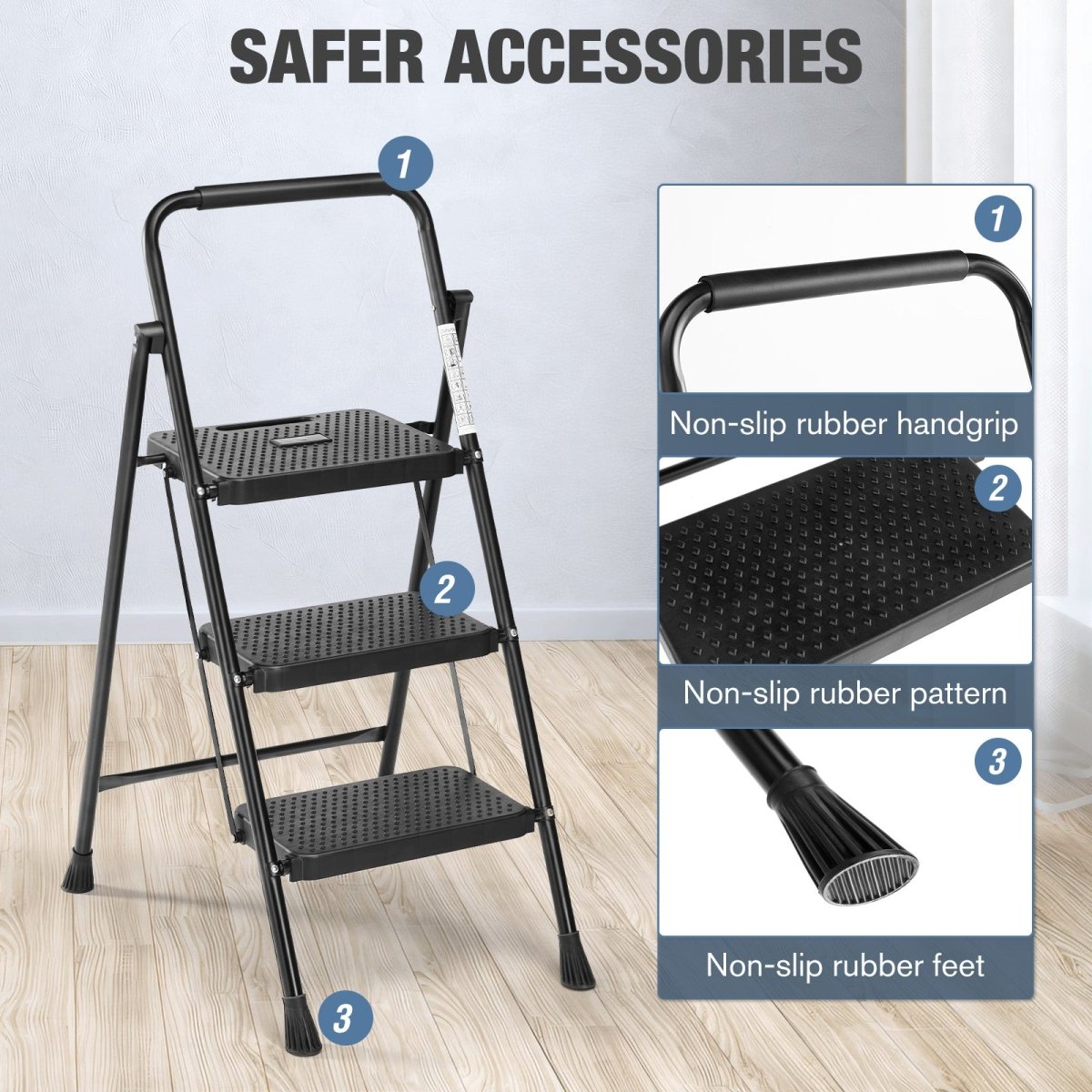 3 Non - slip step ladder, quick folding steel ladder Sturdy metal supported household tools for home/office work at altitude, portable step tools - HomeDIYer