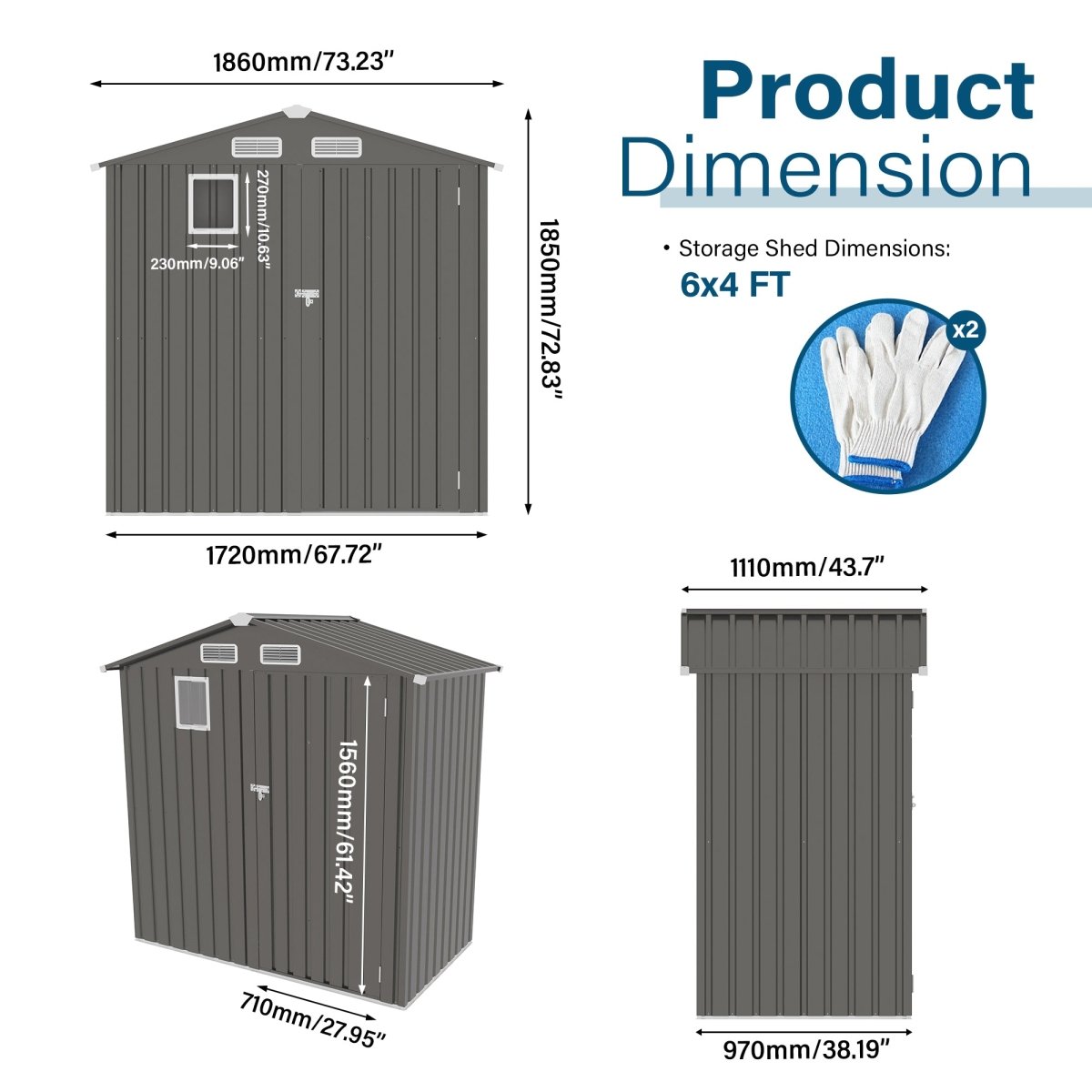 6X4 FT Metal Outdoor Storage Shed, Tool Shed with Pitched Roof Watertight with Positive Window and Lockable Door Compact Metal Tool Shed for Garden, Backyard, Patio, Sundries and Bike Storage, Gray - HomeDIYer