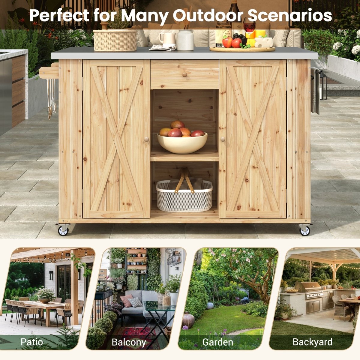 Natural Wood Outdoor Kitchen Island with Stainless Steel Top | Foldable Prep Station - HomeDIYer