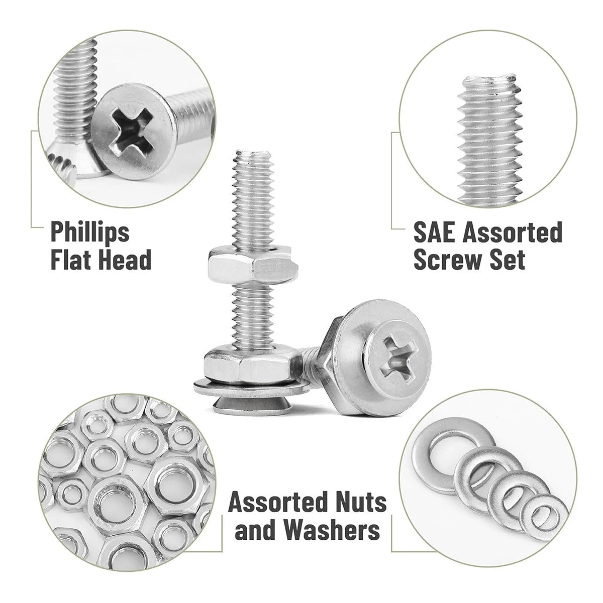 720Pcs Stainless Steel Phillips Flat Head Machine Screws Nuts Washers Assortment Kit – #6-32 #8-32 #10-24 1/4-20 SAE