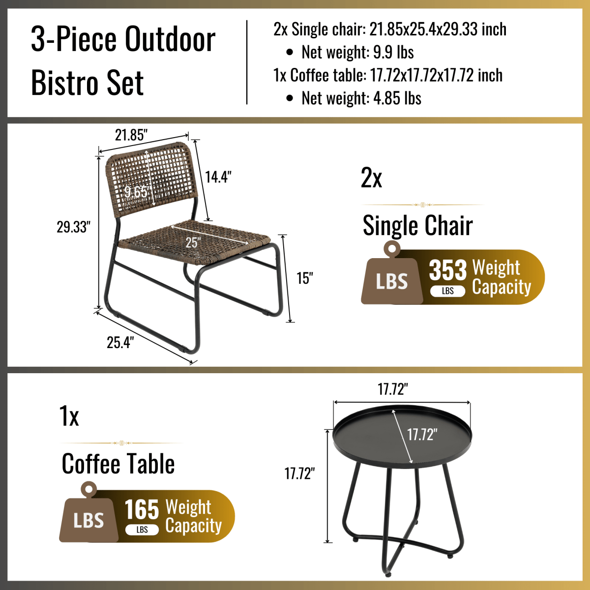Patio Furniture Set 3 Piece Mixture Pattern PE Rattan Steel Frame And Modern Round Table, Brown and Black - HomeDIYer