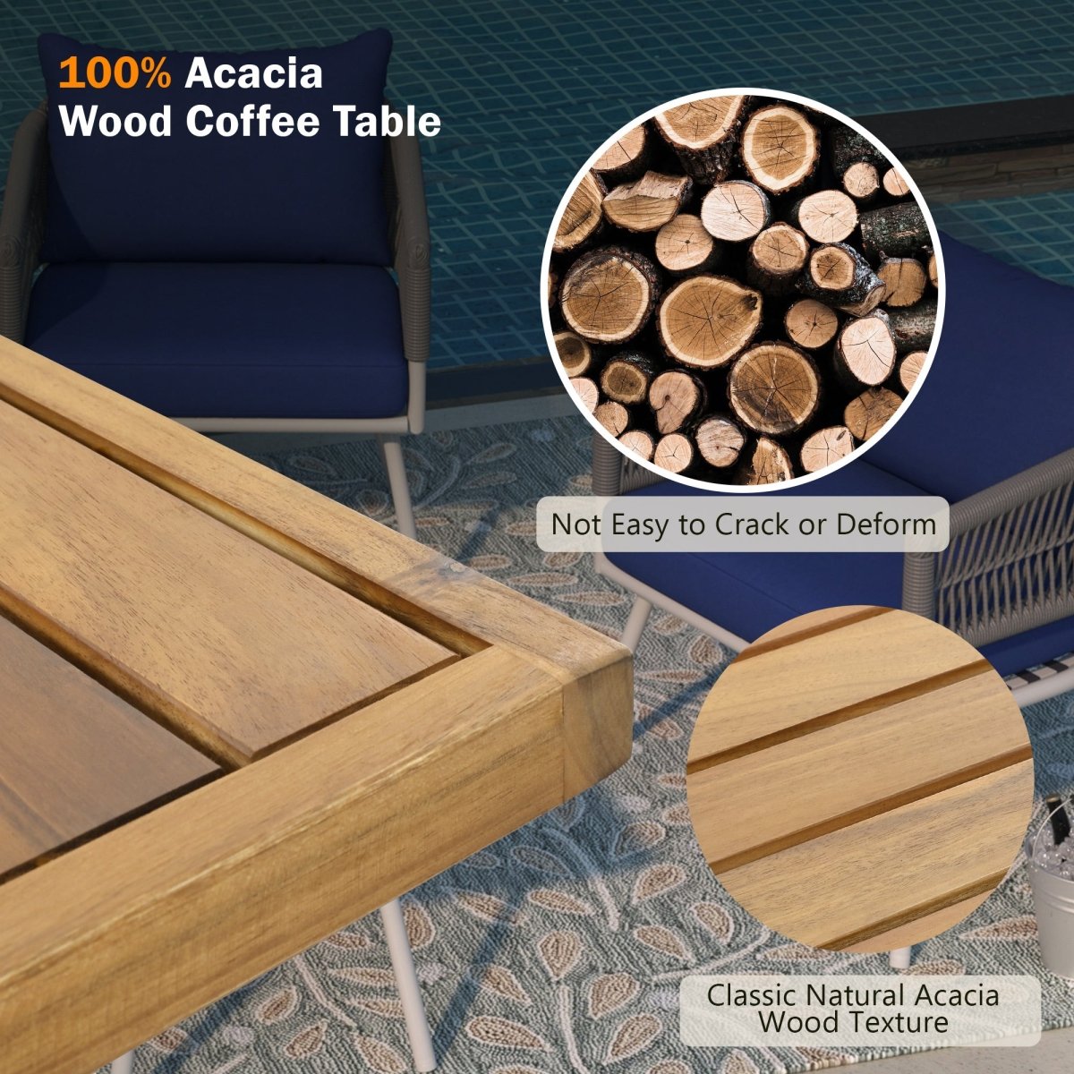 4 - Piece Boho Rope Patio Furniture Set, Outdoor Furniture with Acacia Wood Table, Patio Conversation Set with Deep Seating & Thick Cushion for Backyard Porch Balcony, Navy Blue - HomeDIYer