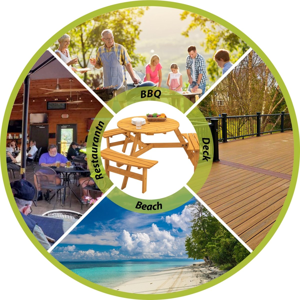 6 - Person Circular Outdoor Wooden Picnic Table for Patio, Backyard, Garden, DIY w/ 3 Built - in Benches, 1720lb Capacity - Natural - HomeDIYer