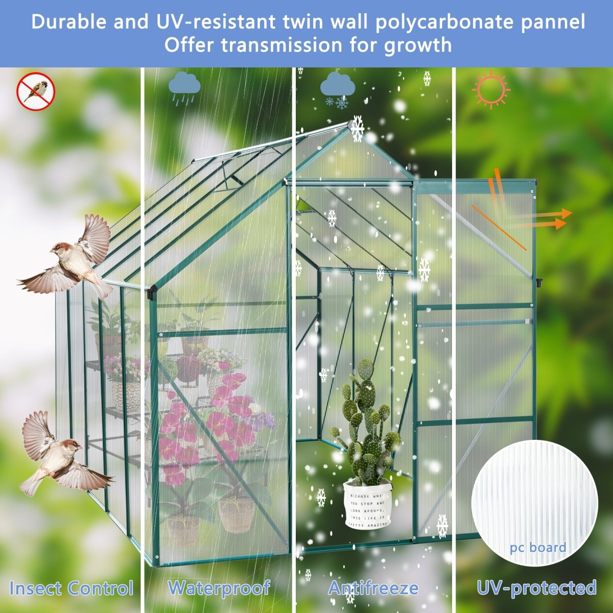 6X10FT Polycarbonate Greenhouse Raised Base and Anchor Aluminum Heavy Duty Walk - in Greenhouses for Outdoor Backyard in All Season - HomeDIYer