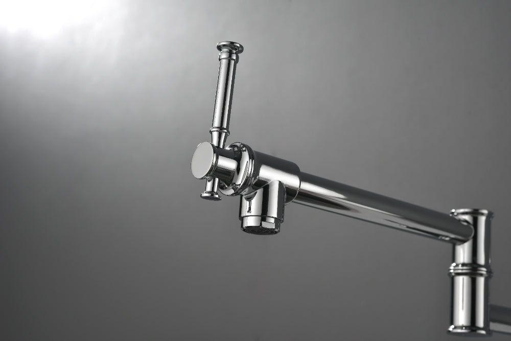 Wall Mounted Pot Filler Faucet – Chrome, Two-Attachment Folding Swing Arm, Dual Handle, Solid Brass