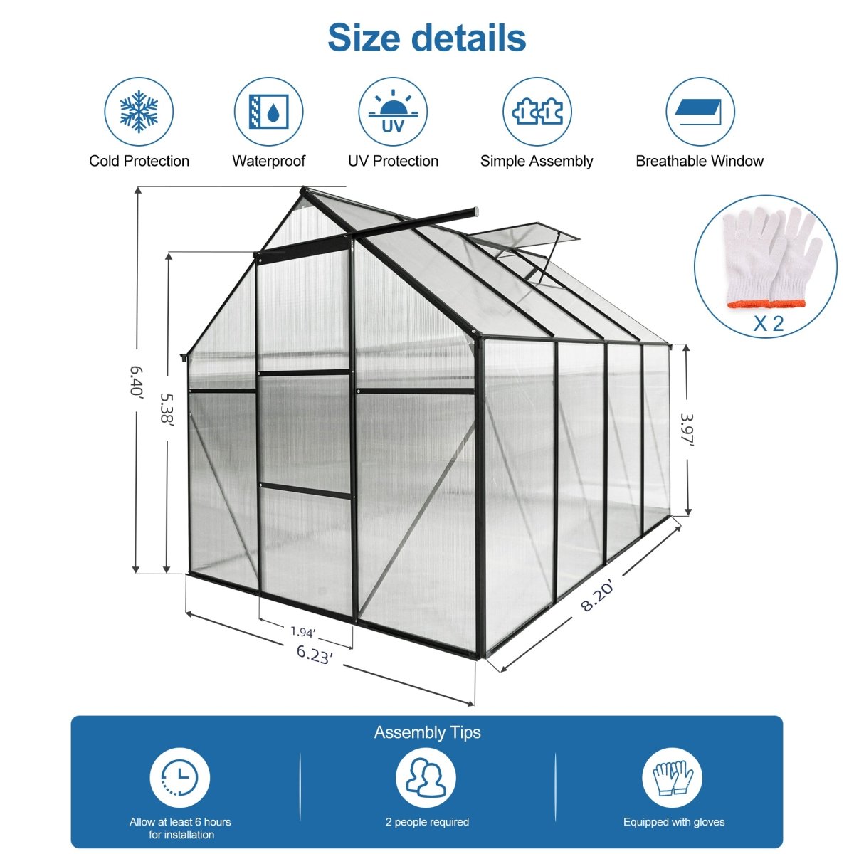 6x8 FT Polycarbonate Greenhouse Raised Base and Anchor Aluminum Heavy Duty Walk - in Greenhouses for Outdoor Backyard in All Season - HomeDIYer