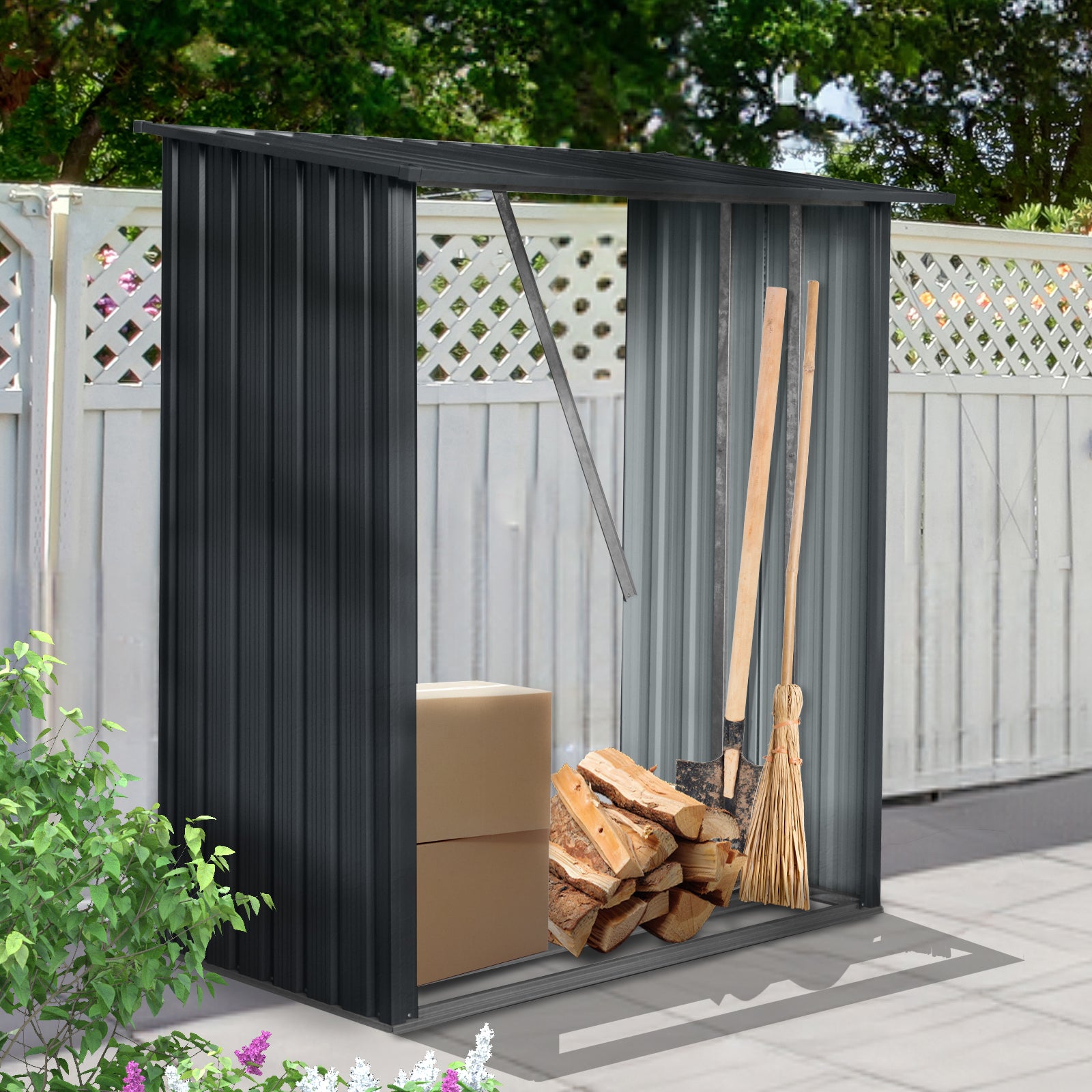 3ft x 5ft Outdoor Meta Firewood Rack ,Open Wood Shed For Firewood, Pellet, or Lumber Storage , Black