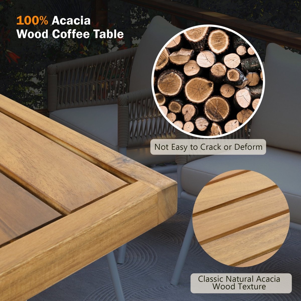 4 - Piece Boho Rope Patio Furniture Set, Outdoor Furniture with Acacia Wood Table, Patio Conversation Set with Deep Seating & Thick Cushion for Backyard Porch Balcony, Beige - HomeDIYer
