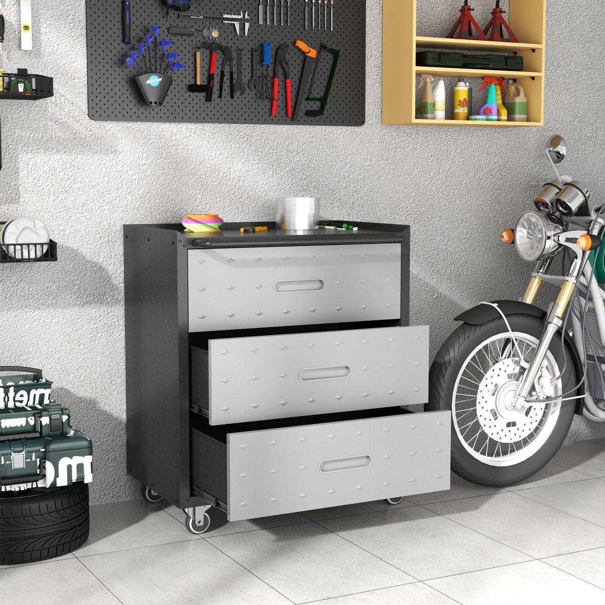Heavy - Duty Metal Storage Cabinet with Wheels - 3 Drawer Tool Cabinet for Garage, Office, and Home Organizer Solutions, Black/Gray - HomeDIYer