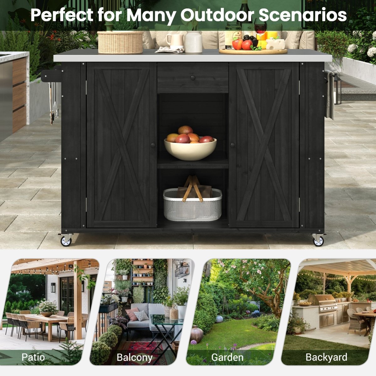 Outdoor Kitchen Island with Stainless Steel Top | Foldable Fir Wood Prep Statio - HomeDIYer