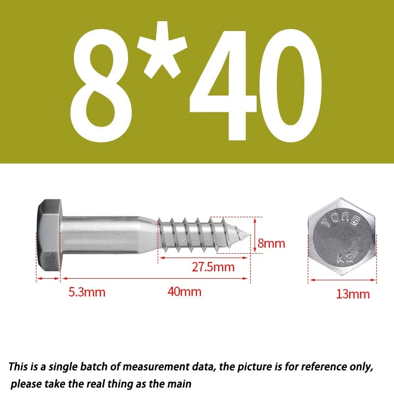 8mm M8 A2 STAINLESS STEEL SCREWS HEX HEAD LAG BOLTS WOOD SCREW BOLT DIN571