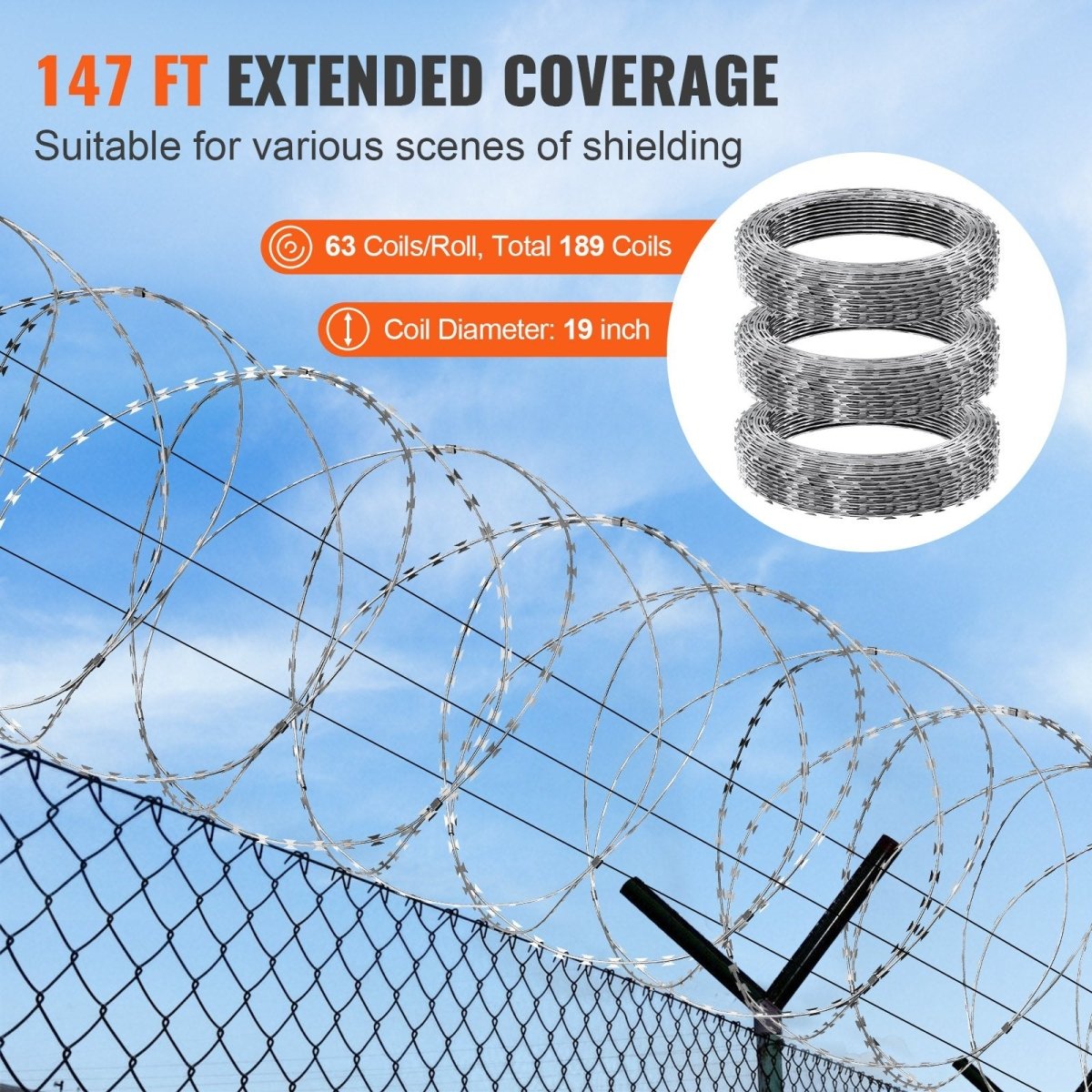 VEVOR Razor Wires, 147 ft Razor Barbed Wire, 3 Rolls Razor Wire Fencing Razor Fence, Double Spiral Razor Ribbon Barbed Wire Galvanized Razor Wire Fence, Rolls Razor for Garden - HomeDIYer