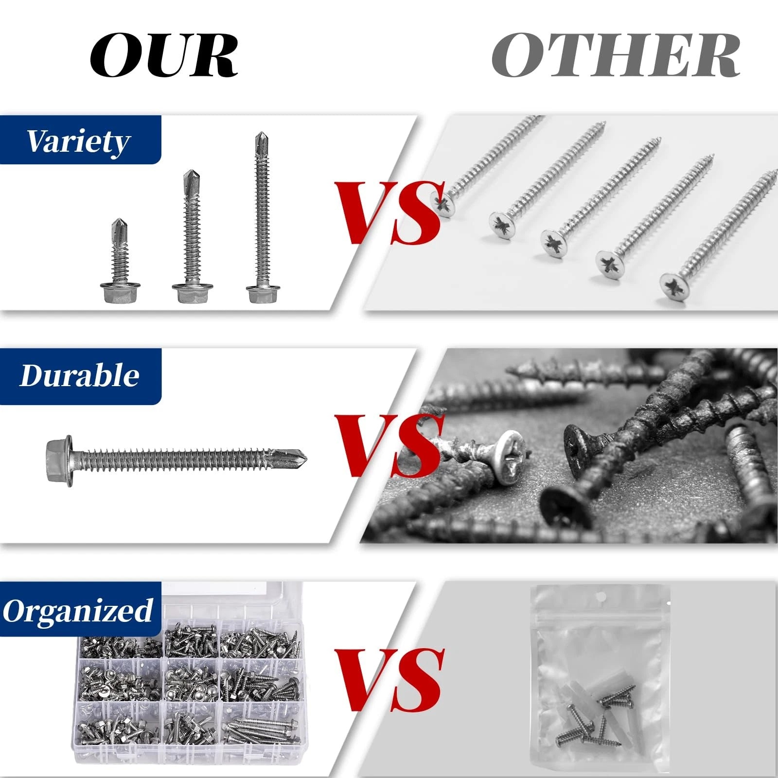 400PCS Hex Washer Head Self Drilling Tek Screws – 410 Stainless Steel, #8 #10 #12
