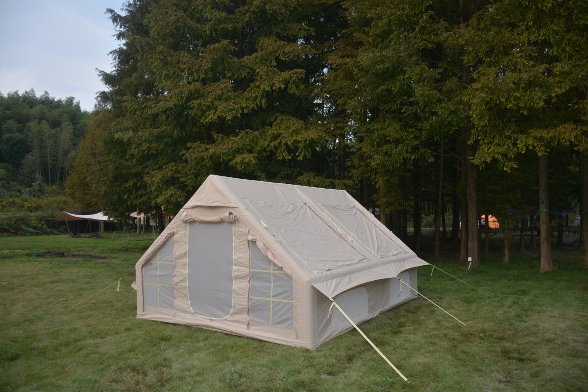 9.8 x13ft Inflatable Camping Tents with Hand Pump, Air Glamping Tents, Easy Setup Waterproof and Windproof Blow up Tent, 4 Seasons Oxford Cabin Tent with Mesh & Chimney Window. Beige - HomeDIYer