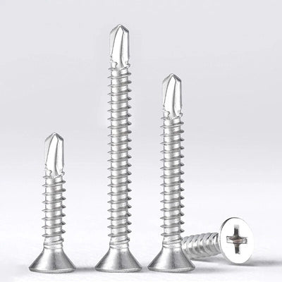 #6 #7 #8 #10 #12 #14 Flat Head Self Drilling Screws – 304/410 Stainless & Zinc Plated Steel