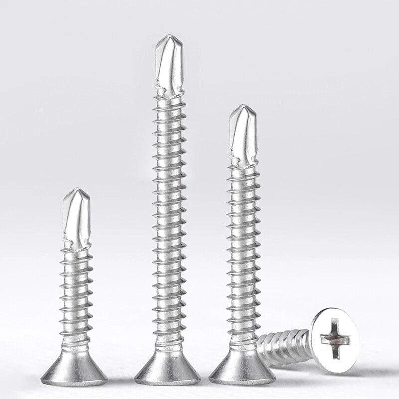 #6 #7 #8 #10 #12 #14 Flat Head Self Drilling Screws – 304/410 Stainless & Zinc Plated Steel