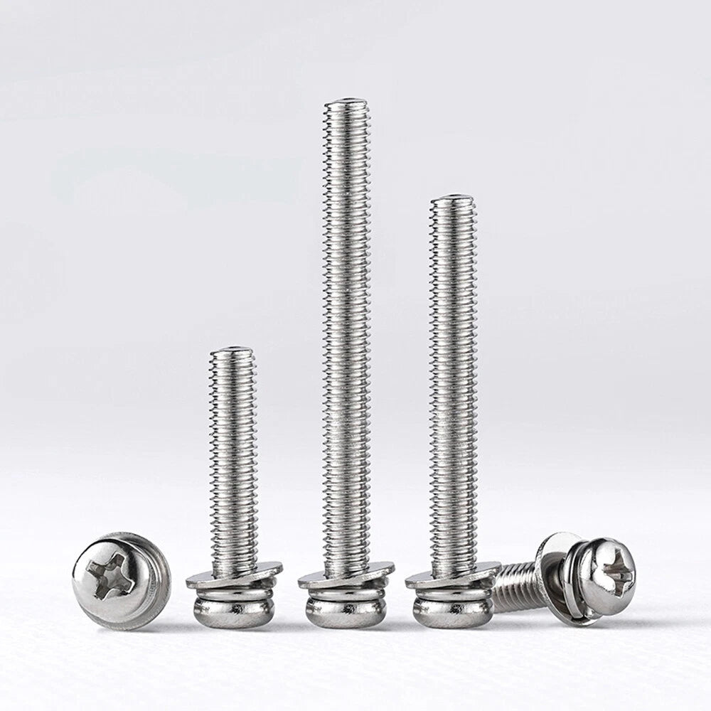 M3 M4 M5 Phillips Pan Head Screws with Spring & Flat Washer – 316 Stainless Steel Marine Grade (6–30mm)
