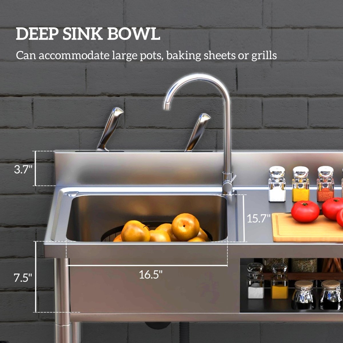 Outdoor Utility Sink, Deep Stainless Steel Sink, Free Standing Single Bowl Kitchen Sink with Cold and Hot Water Pipe and Storage Shelf for Laundry Garage, 39 Inch - HomeDIYer