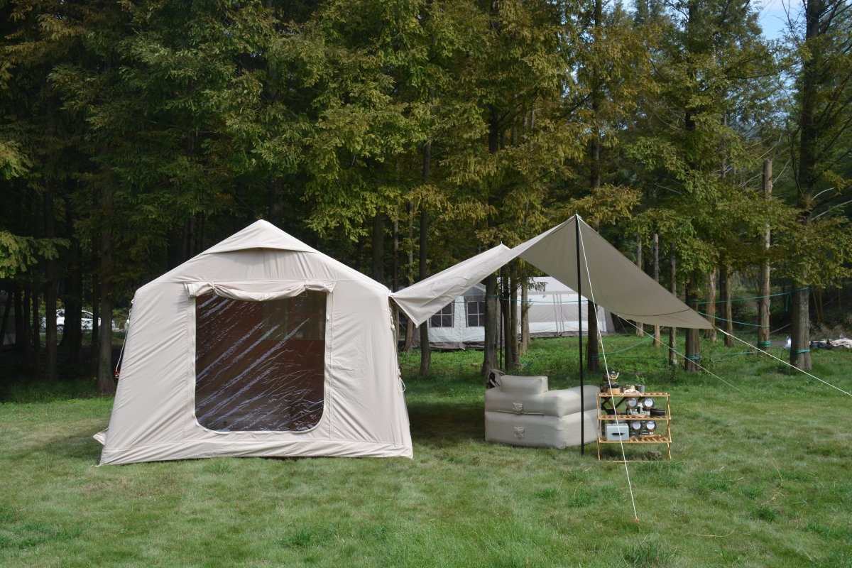 9.8 x13ft with canopy, Inflatable Camping Tents with Hand Pump, Air Glamping Tents, Easy Setup Waterproof and Windproof Blow up Tent Beige - HomeDIYer