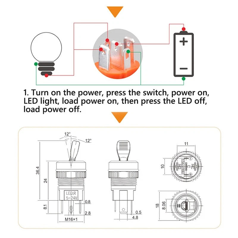 16mm Waterproof Toggle Switch – 2-Position ON/OFF with LED Indicator, 20A 250VAC