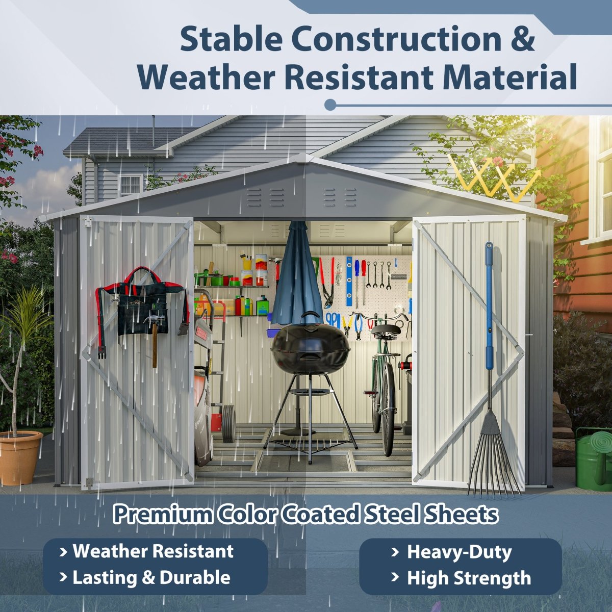 10X8 FT Outdoor Tool Storage Shed with Metal Foundation & Lockable Doors, All Weather Metal Sheds for Garden, Patio, Backyard, Lawn, Gray - HomeDIYer
