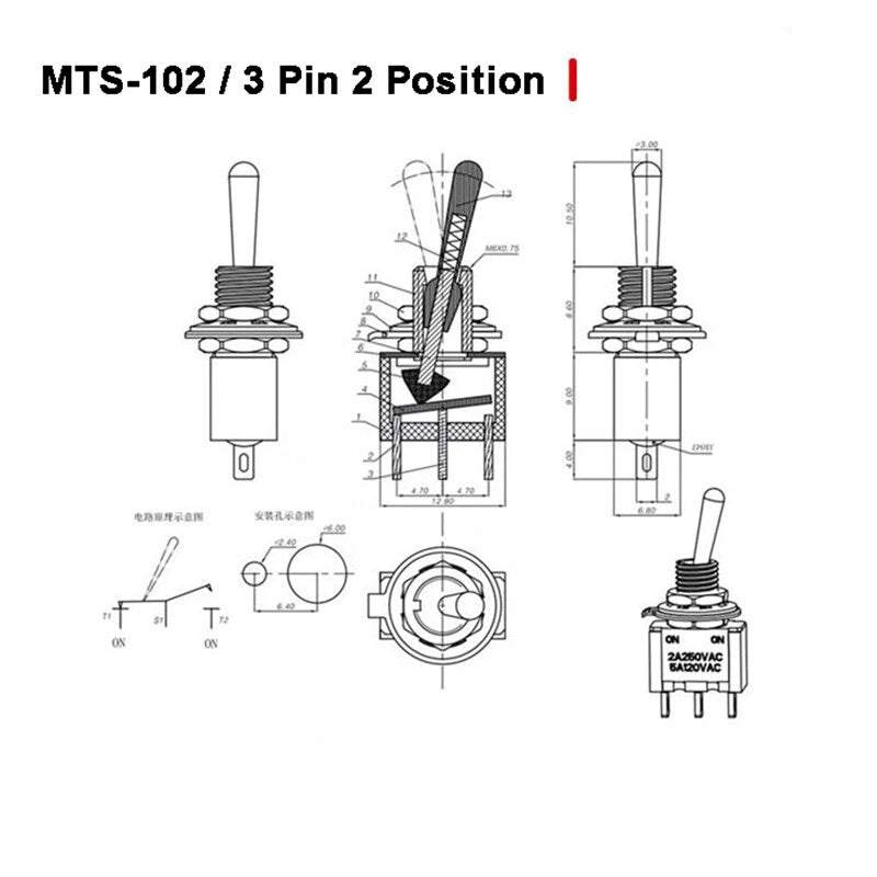 MTS Series Toggle Switch SPDT — 3/6/9/12 Pin, 2/3 Position, ON-ON & Momentary, AC 2A 250V 5A 120V