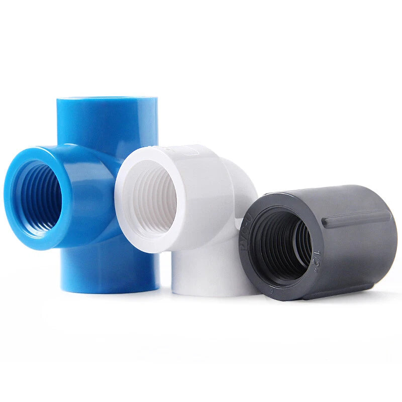 PVC Female Threaded Pipe Fittings Equal Socket Straight Tee Elbow 1 2" 3 4" 1"