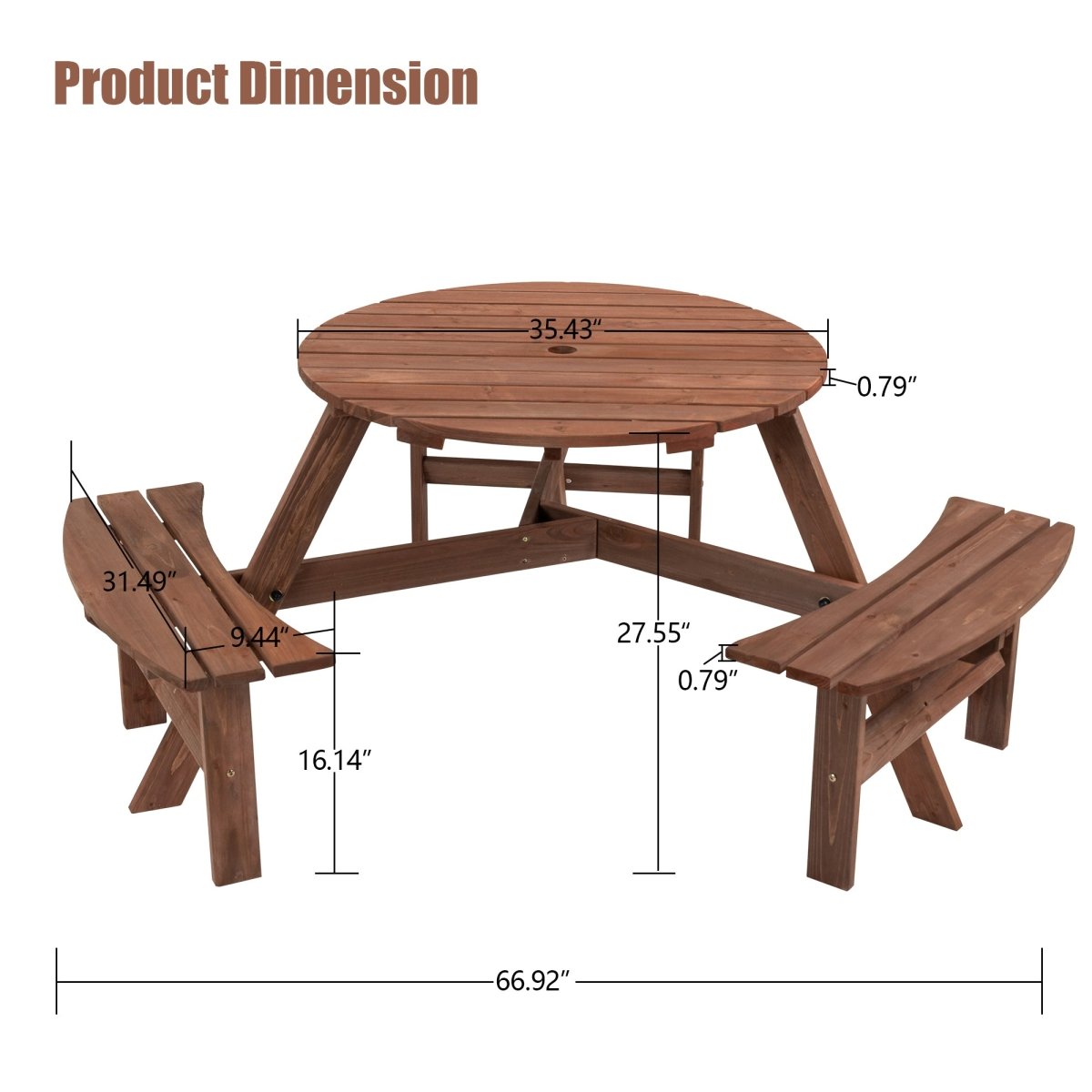 6 - Person Circular Outdoor Wooden Picnic Table for Patio, Backyard, Garden, DIY w/ 3 Built - in Benches, 1720lb Capacity - Brown - HomeDIYer