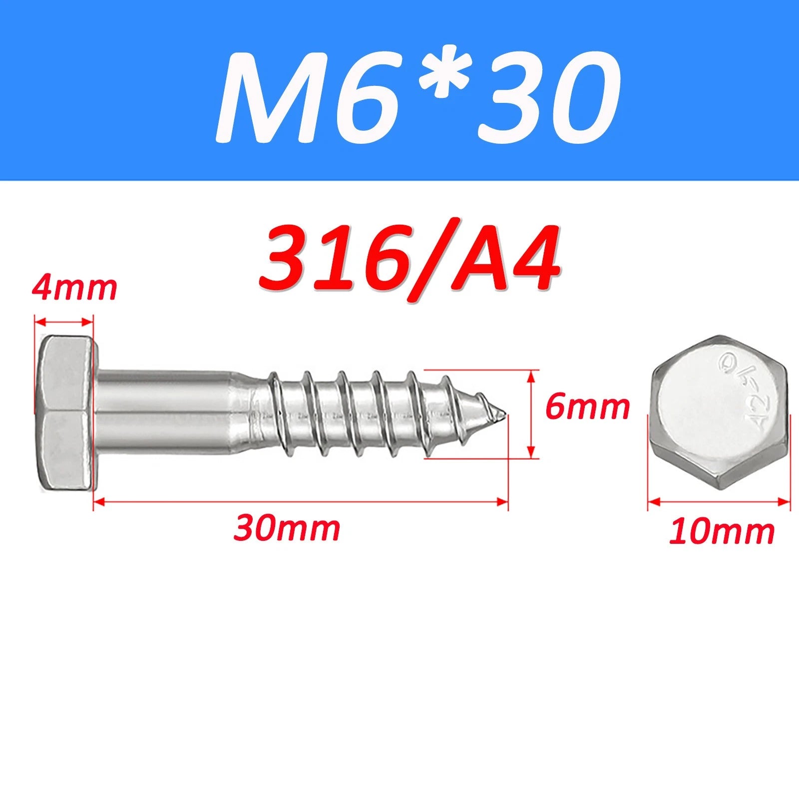 316 Stainless Steel Hex Head Lag Screws Marine Grade Wood Lag Bolts A4 Rustproof