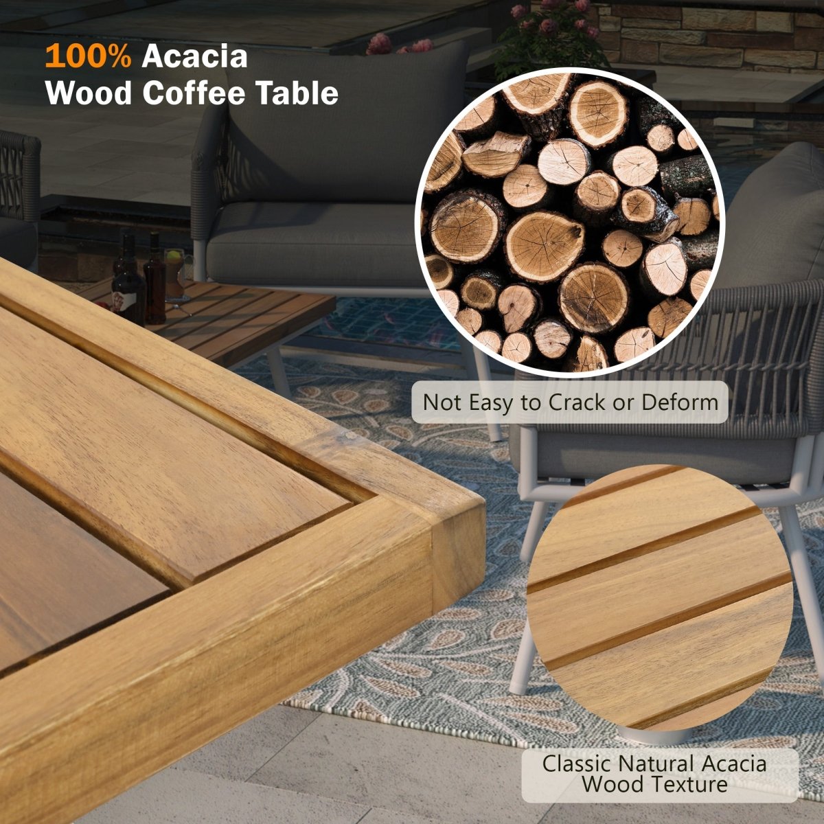 4 - Piece Boho Rope Patio Furniture Set, Outdoor Furniture with Acacia Wood Table, Patio Conversation Set with Deep Seating & Thick Cushion for Backyard Porch Balcony, Grey - HomeDIYer