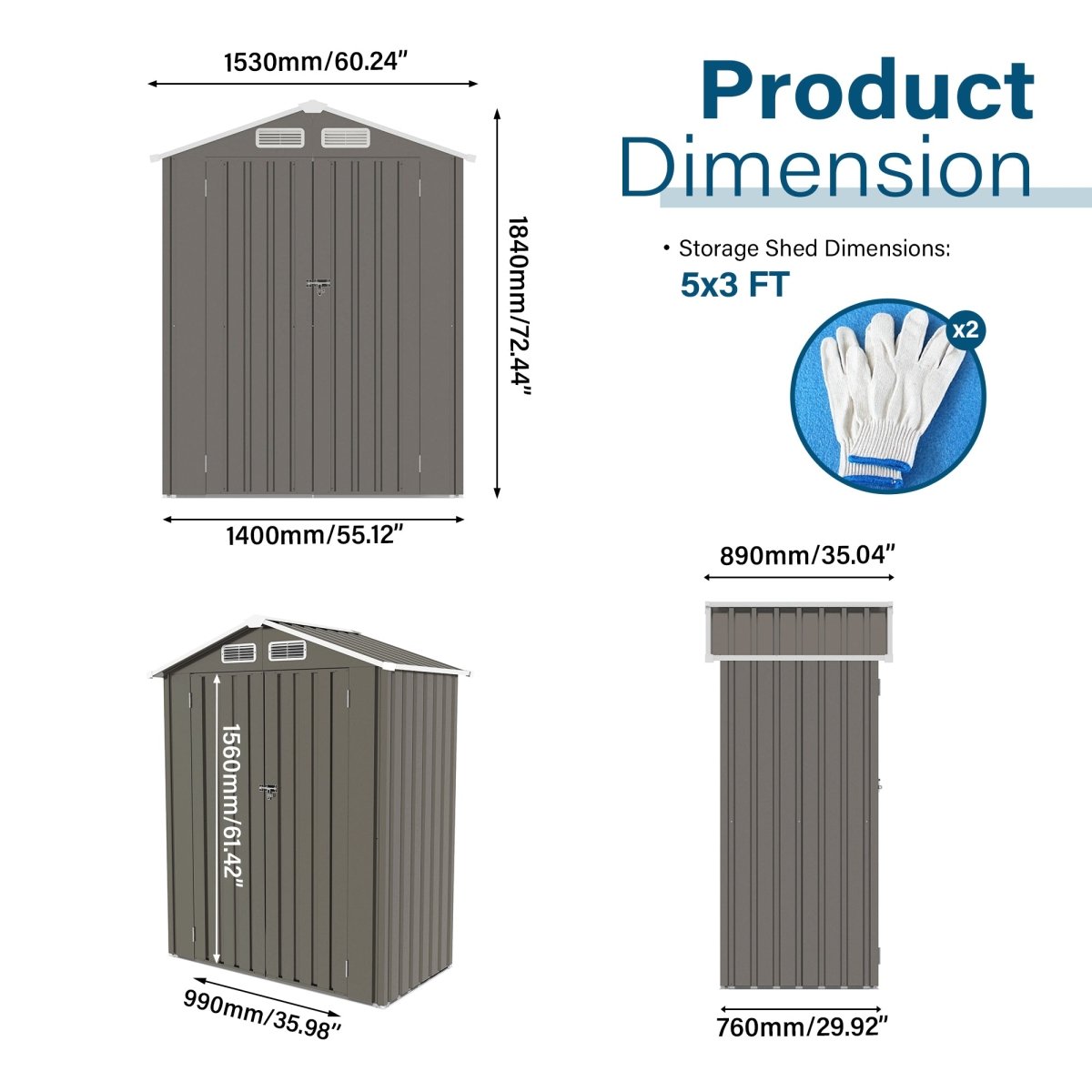 5X3 FT Metal Outdoor Storage Shed, Tool Shed with Pitched RoofWaterproof, Lockable DoorCompact Metal Tool Shed for Garden, Backyard, Patio, Everyday Sundries and Bike Storage, Gray - HomeDIYer