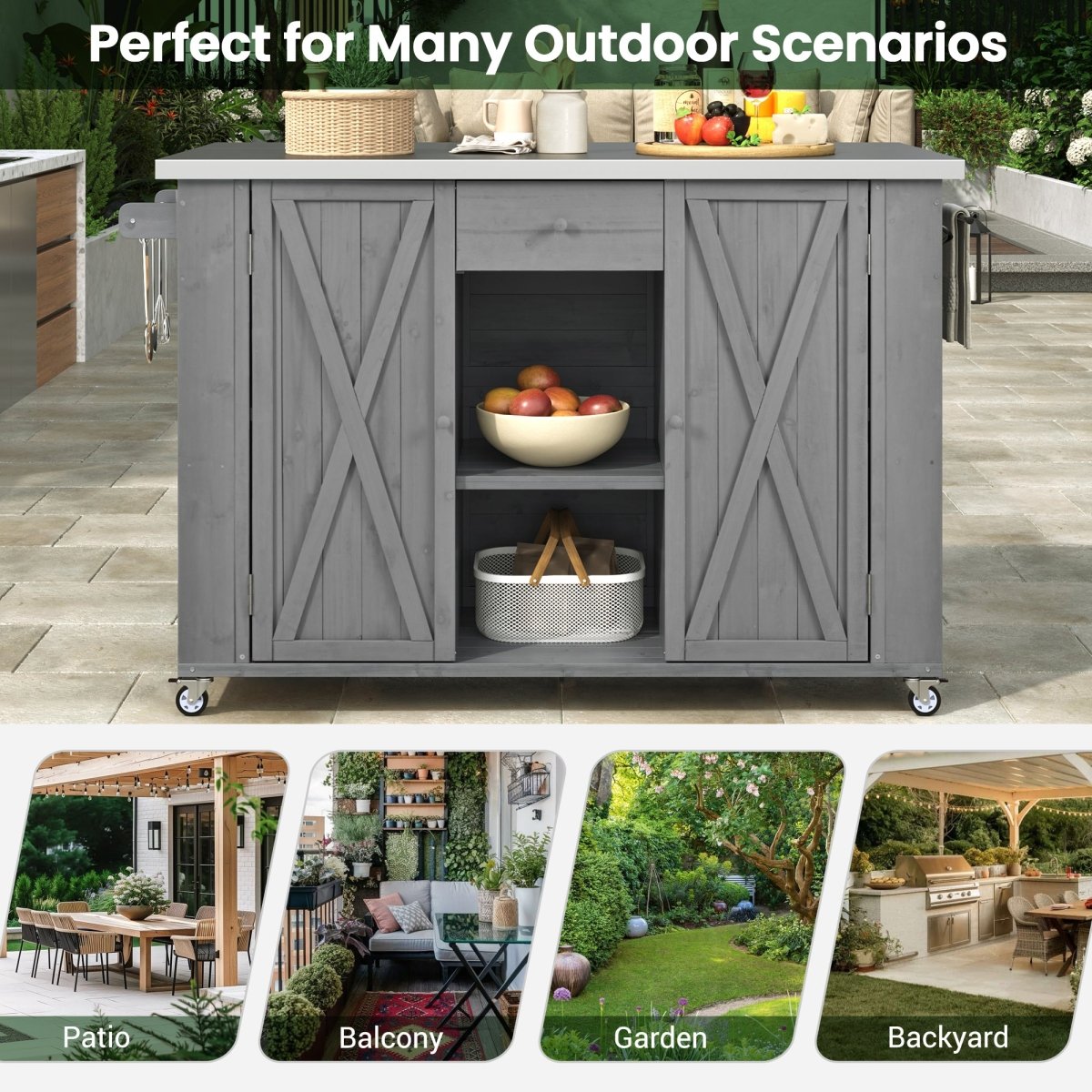 Grey Outdoor Kitchen Island with Stainless Steel Top | Foldable Fir Wood Prep Station - HomeDIYer