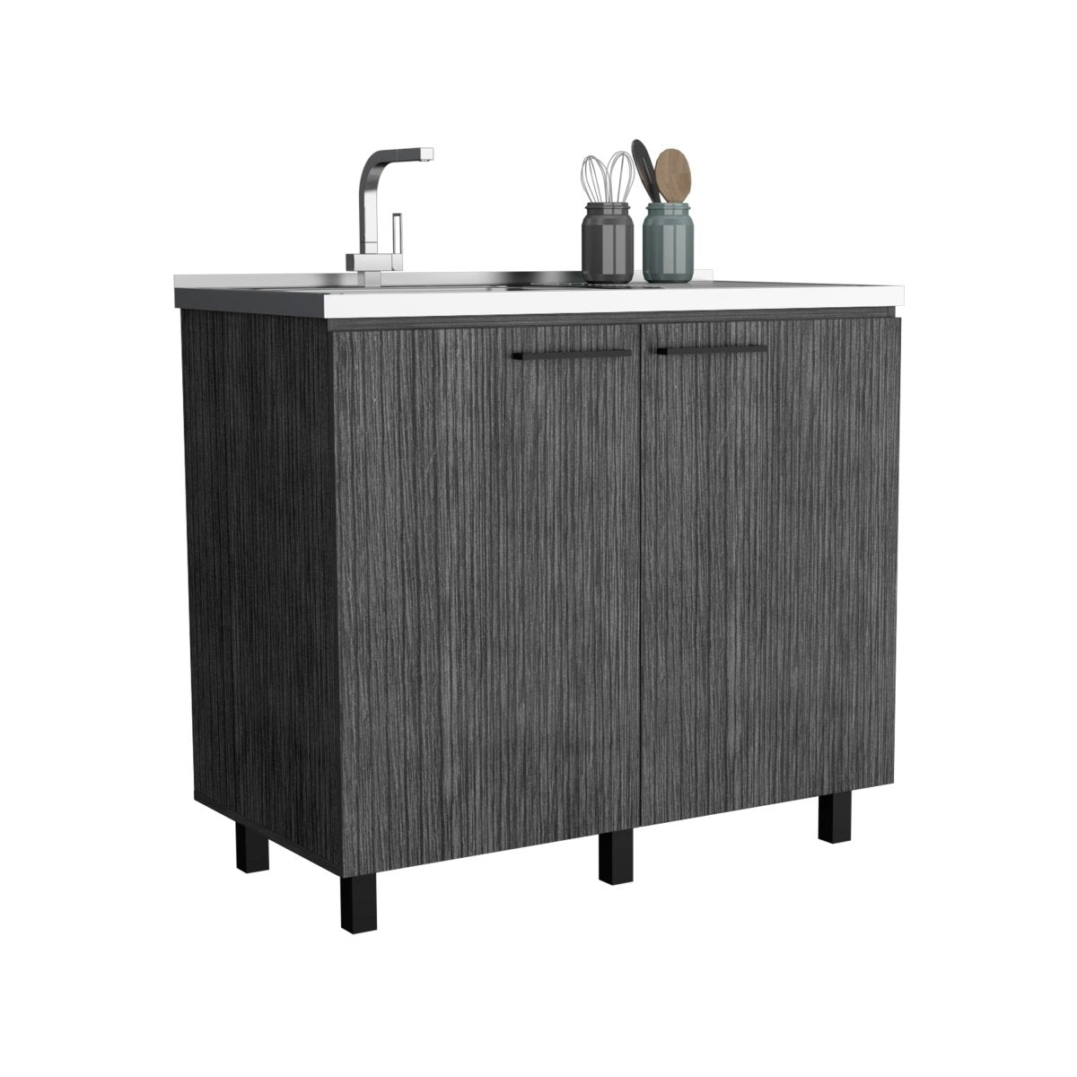 2 Freestanding Utility Base Cabinet with Stainless Steel Countertop and 2 - Door, Smokey Oak - HomeDIYer