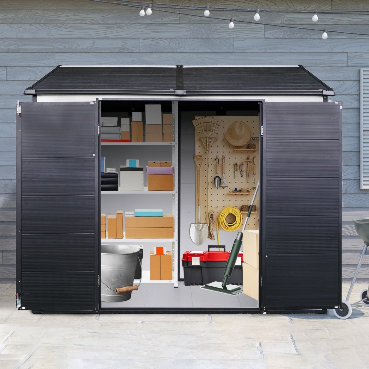 8 x 6 ft Resin Outdoor Storage Shed Waterproof Shed with Floor & Two Windows & Lockable Door, Tool Shed for Garden, Patio, Backyard,Grey White - HomeDIYer