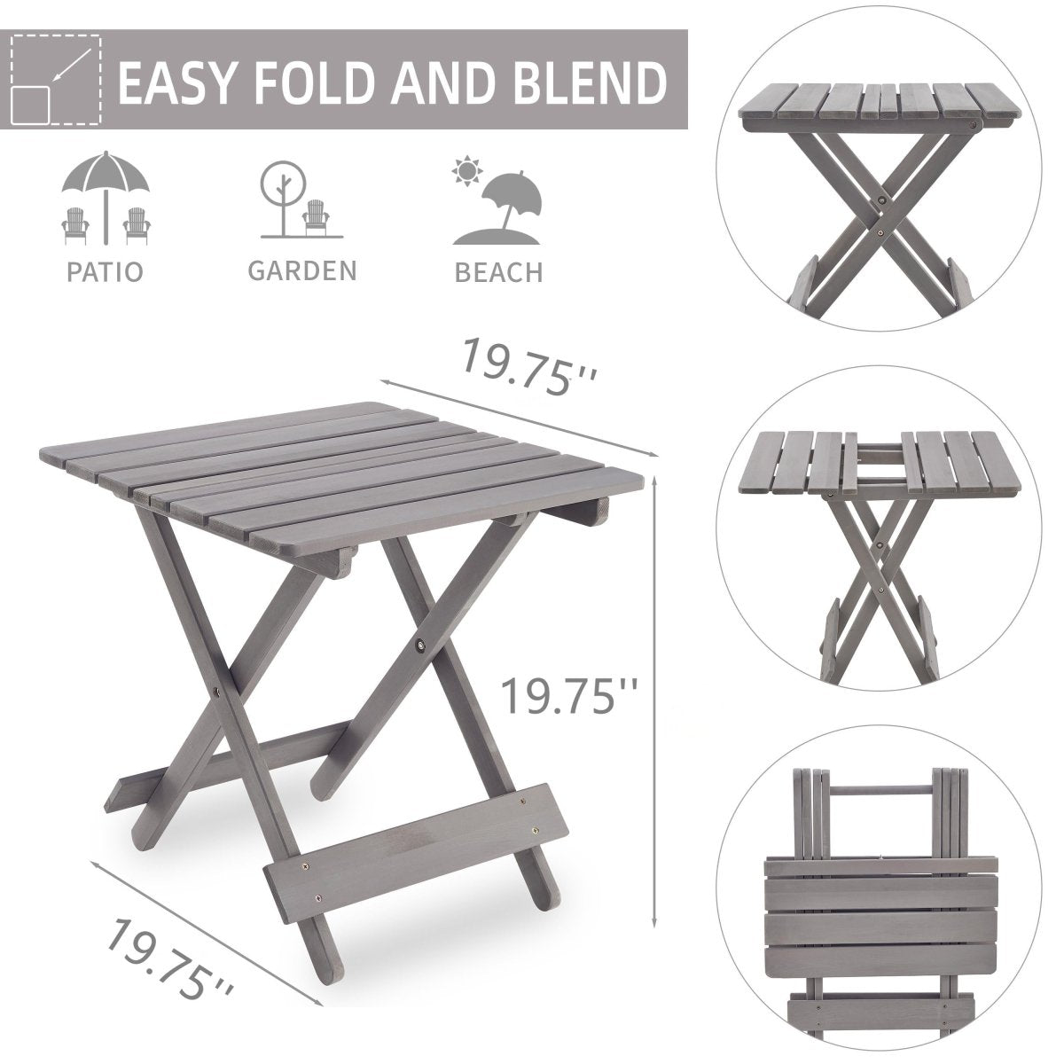 Folding Square Table Patio Outdoor solid wood Table for Backyard, Balcony, Portable Design Space - Saving Grey Color - HomeDIYer