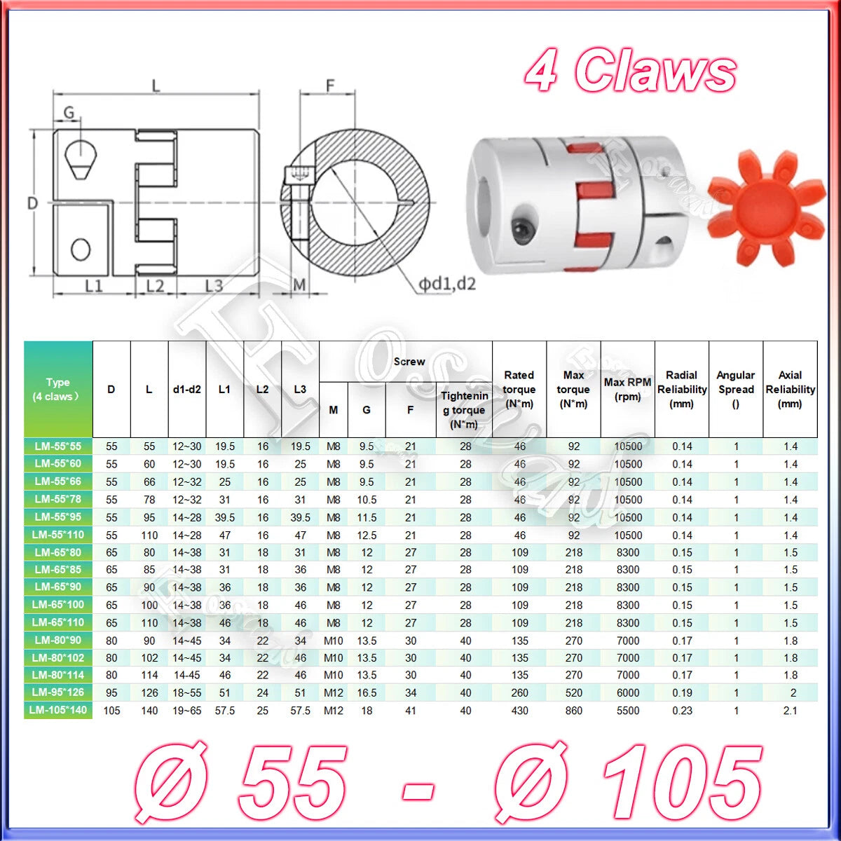 D55xL66 Shaft Coupler Flexible Coupling Spider Splined Jaw Plum Pumps/Motor CNC