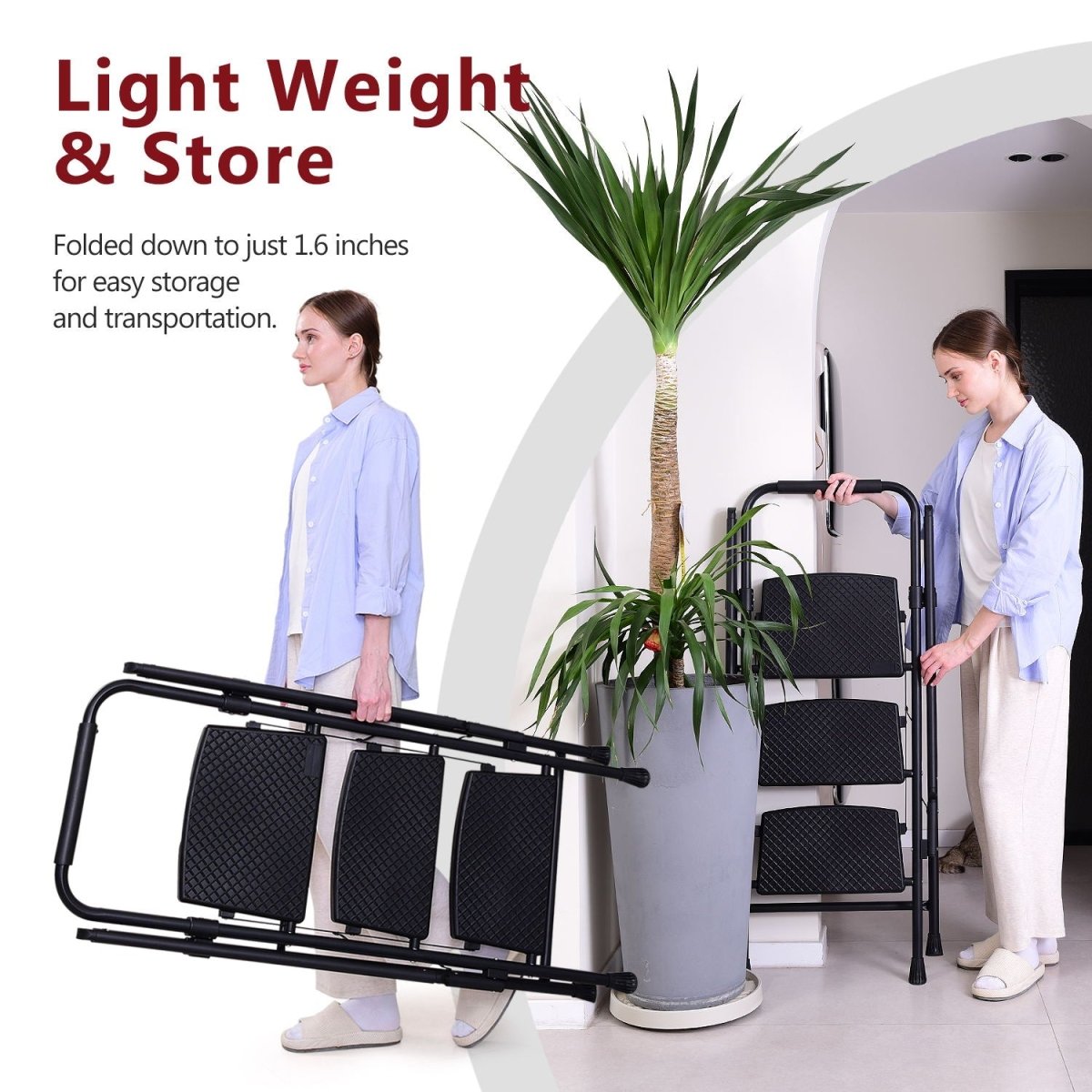 5 - step ladder, folding ladder stool, with anti slip wide pedals, steel ladder, with safety anti slip handle, lightweight 300 pound portable steel ladder stool in black - HomeDIYer