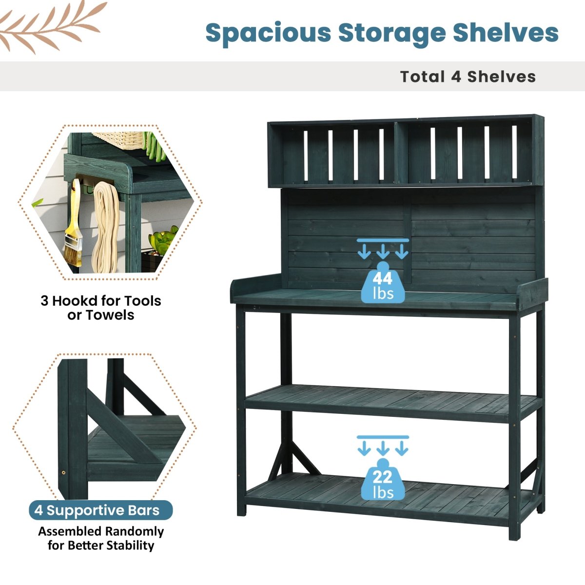 65" Large Wooden Farmhouse Rustic Outdoor Potting Bench Table, Patio Workstation, Garden Potting Bench with 4 Storage Shelves and Side Hook, Forest Green - HomeDIYer