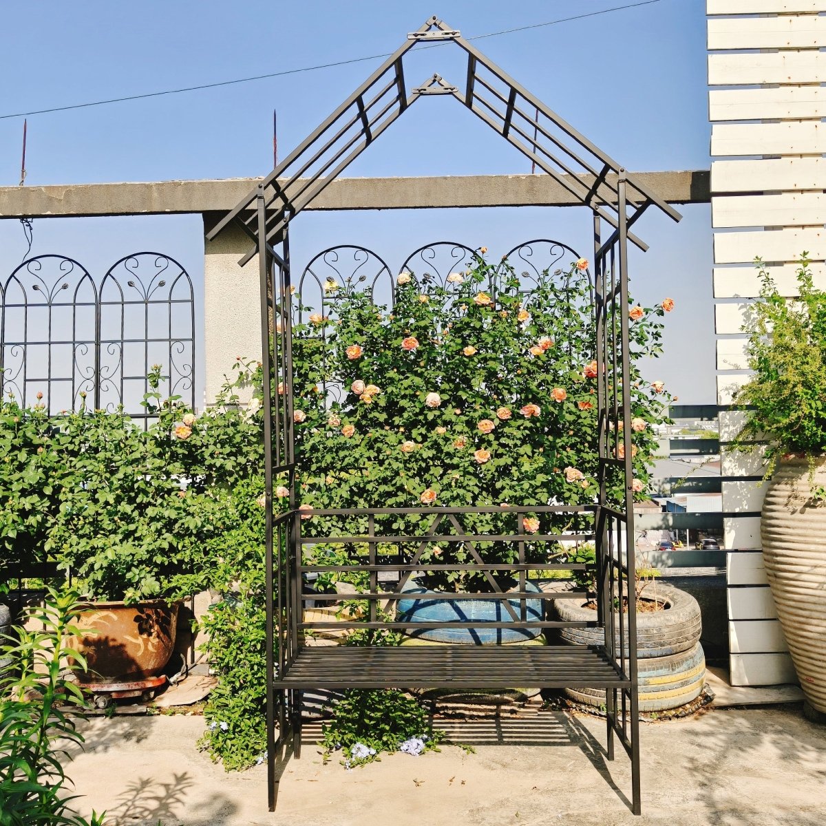 Metal Garden Arch with Bench Turned into Flower Stand W58.07*H97.24 Climbing Plants Support Rose Arch Outdoor Black - HomeDIYer