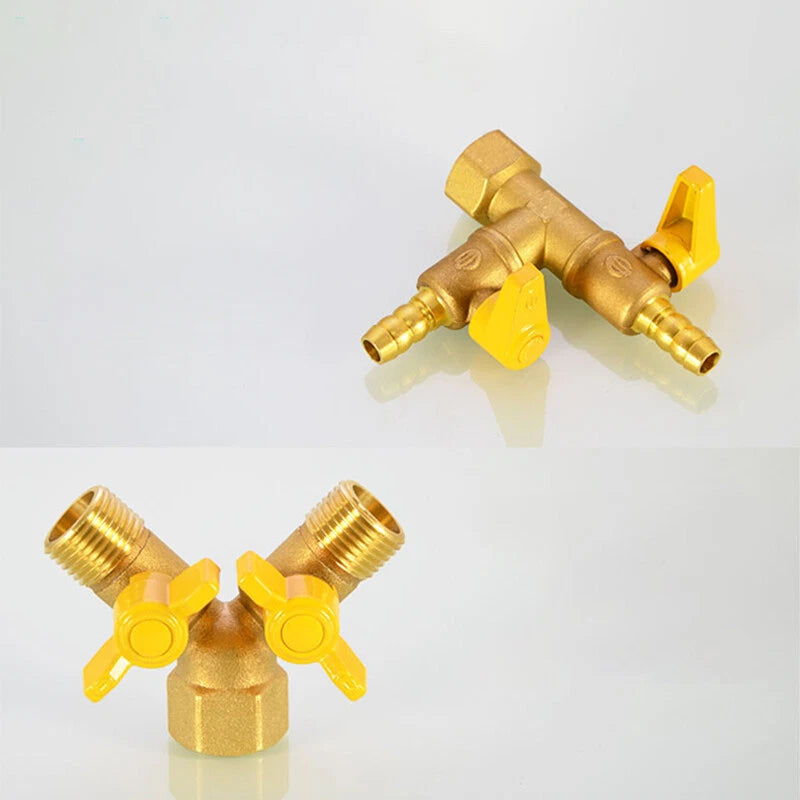 1/2" Brass 3-Way Ball Valve — Shut-Off Pipe Fitting with M1/2" & Hose Barb Ends
