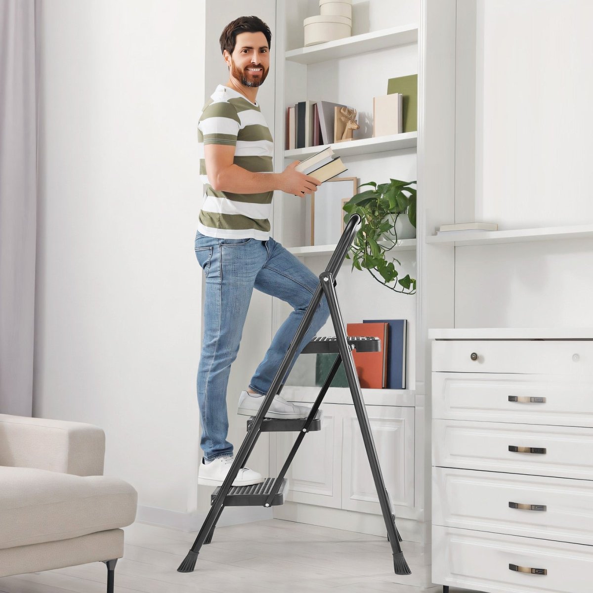 3 Non - slip step ladder, quick folding steel ladder Sturdy metal supported household tools for home/office work at altitude, portable step tools - HomeDIYer