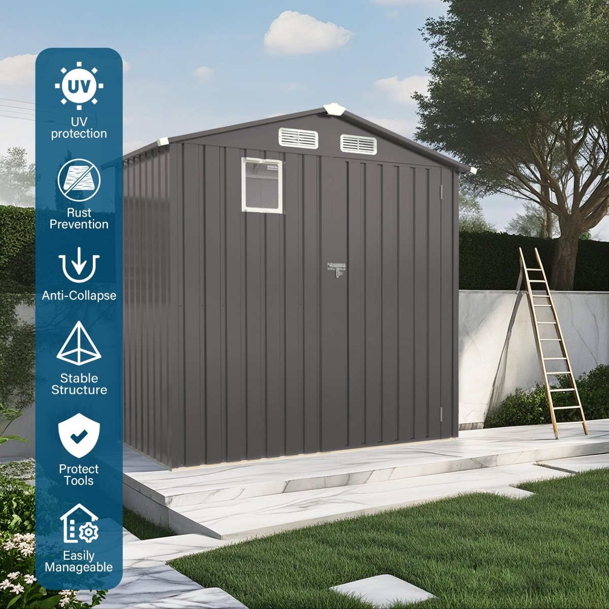 6X4 FT Metal Outdoor Storage Shed, Tool Shed with Pitched Roof Watertight with Positive Window and Lockable Door Compact Metal Tool Shed for Garden, Backyard, Patio, Sundries and Bike Storage, Gray - HomeDIYer