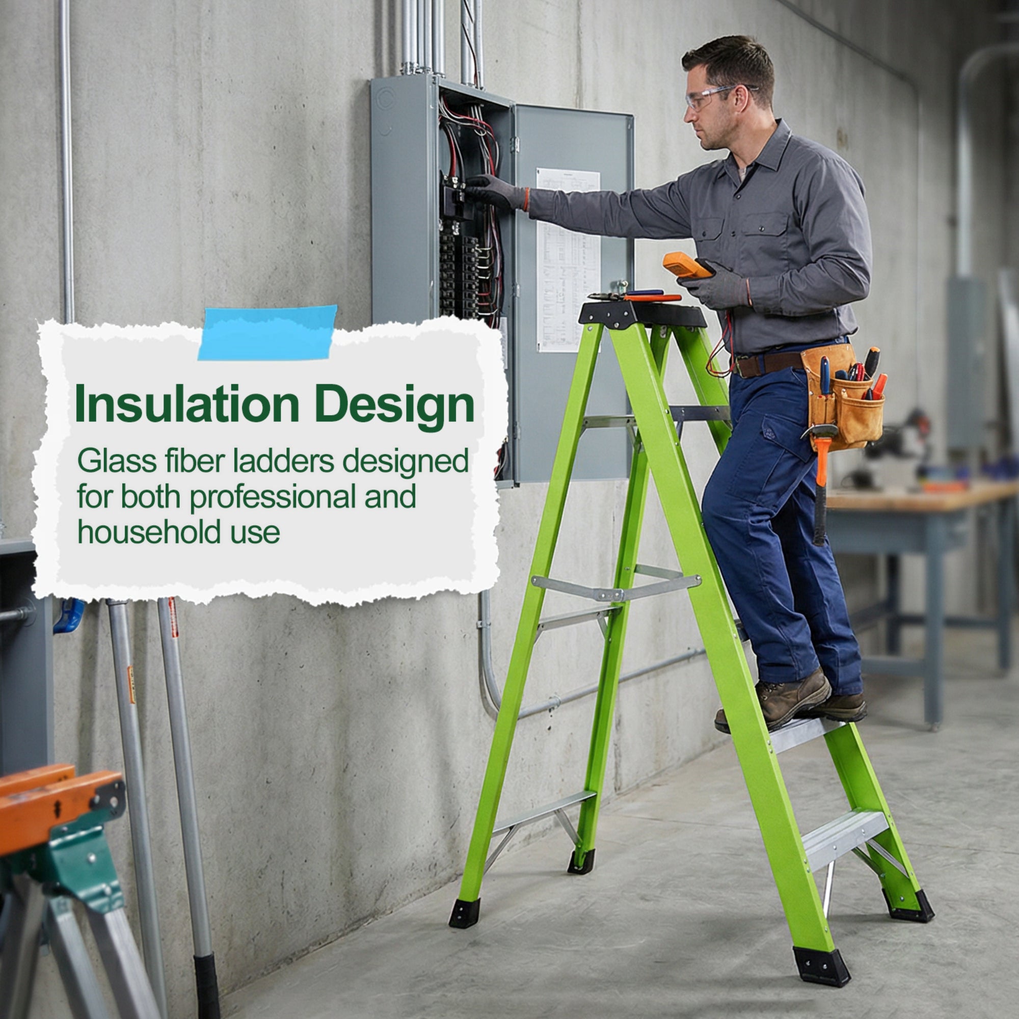 5‑Step Fiberglass Step Ladder — Non‑Conductive, 330 lb Capacity, Safety Green, 11" Step Spacing
