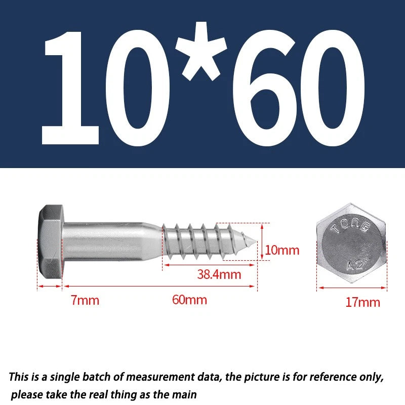 M10 10mm A2 STAINLESS STEEL SCREWS HEX HEAD LAG BOLTS WOOD SCREW BOLT DIN571