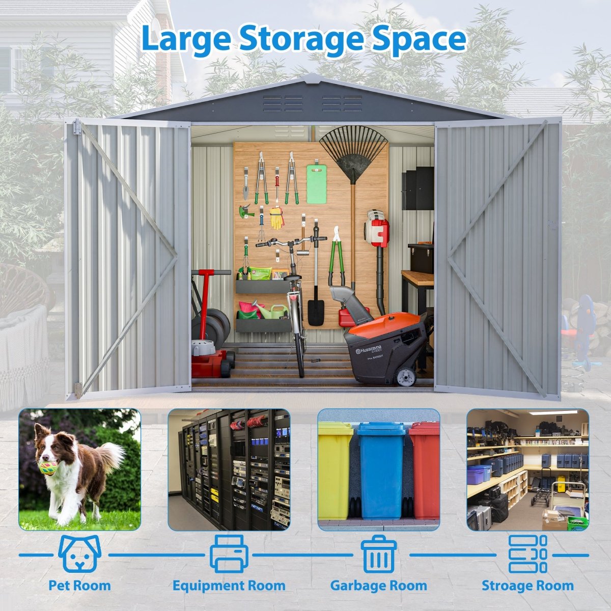 8 x 6 FT Outdoor Waterproof Garden Tool Storage Sheds with Metal Foundation with Floor Frame, Tool Shed with Lockable Hinged Doors & Air Vents, Storage House Waterproof for Backyard, Lawn, Gray - HomeDIYer