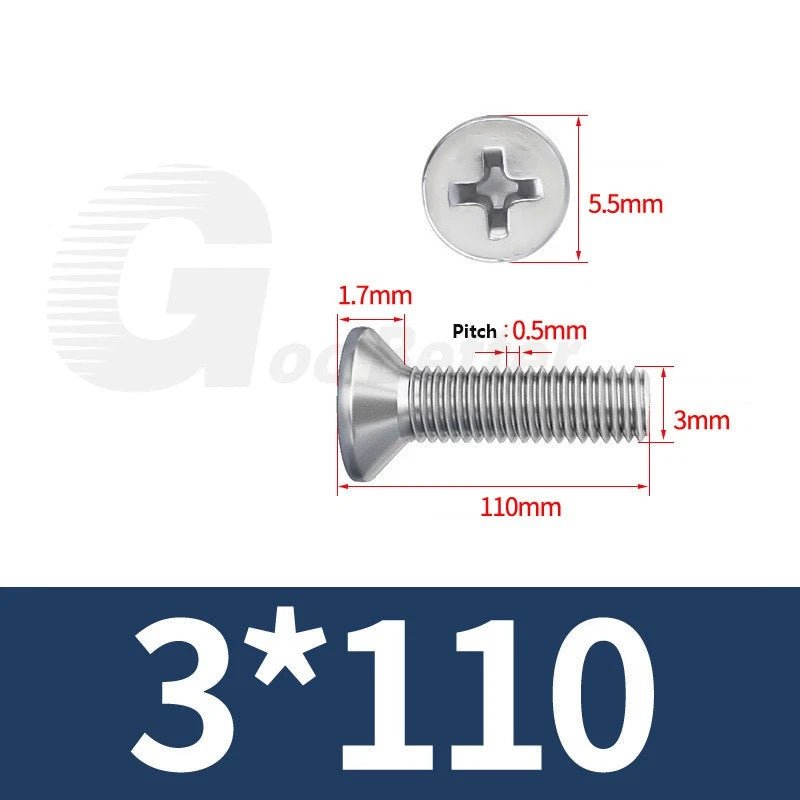 M1–M3.5 Phillips Countersunk Machine Screws – 304 Stainless Steel, Fully Threaded (3–120mm Overall Length) - HomeDIYer
