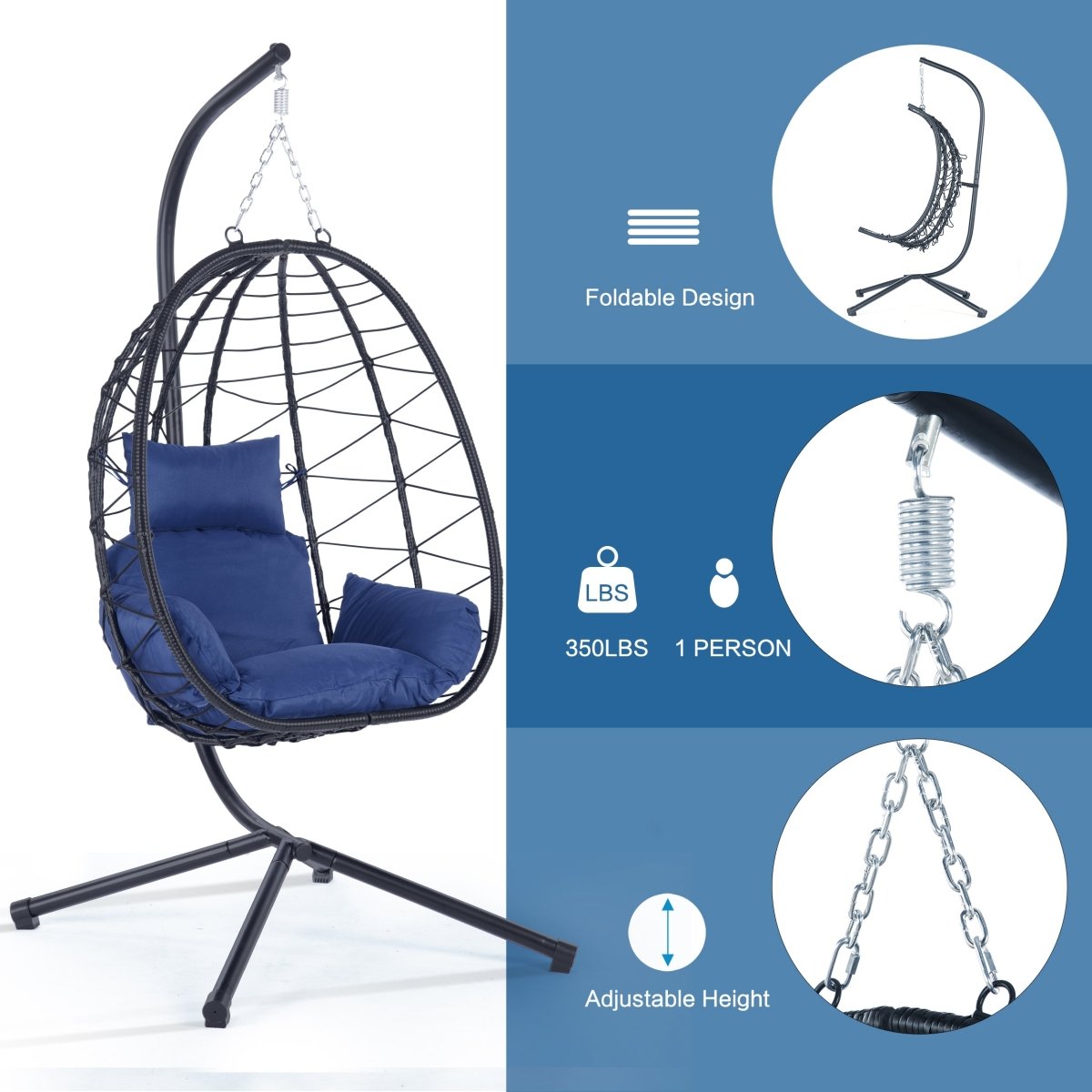 Egg Chair with Stand Indoor Outdoor Swing Chair Patio Wicker Hanging Egg Chair Hanging Basket Chair Hammock Chair with Stand for Bedroom Living Room Balcony Navy Blue - HomeDIYer